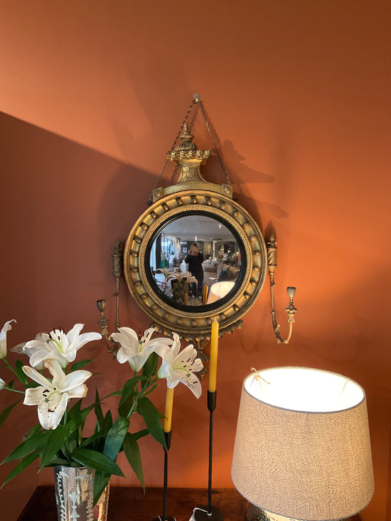 Georgian Regency Convex Mirror with Candle Sconces