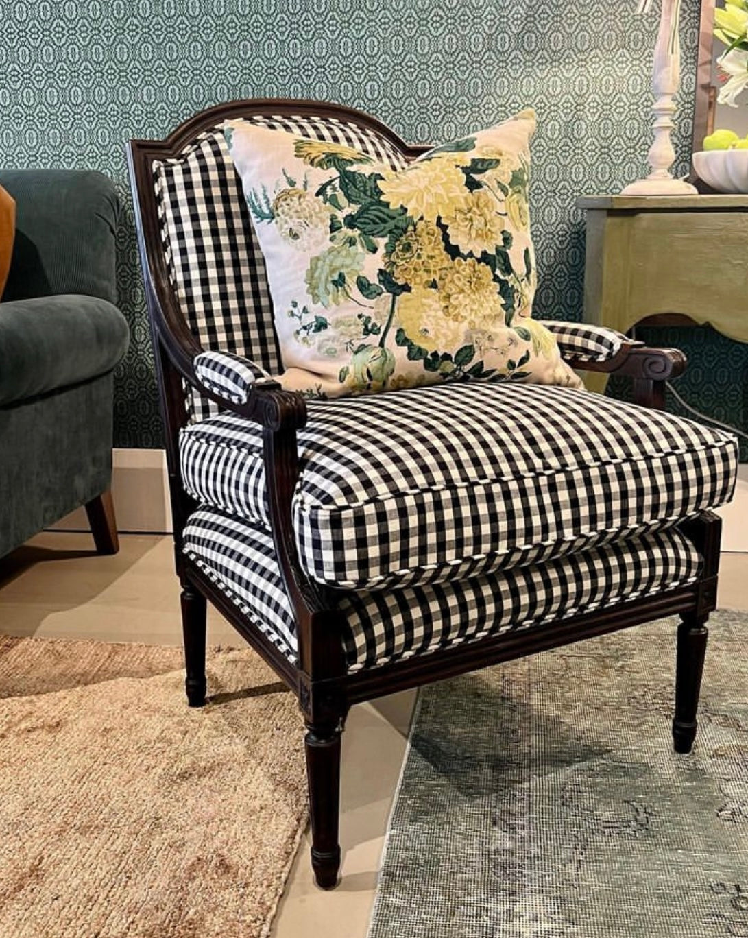 NZ Made Black & White Gingham & Oak Louis Chair