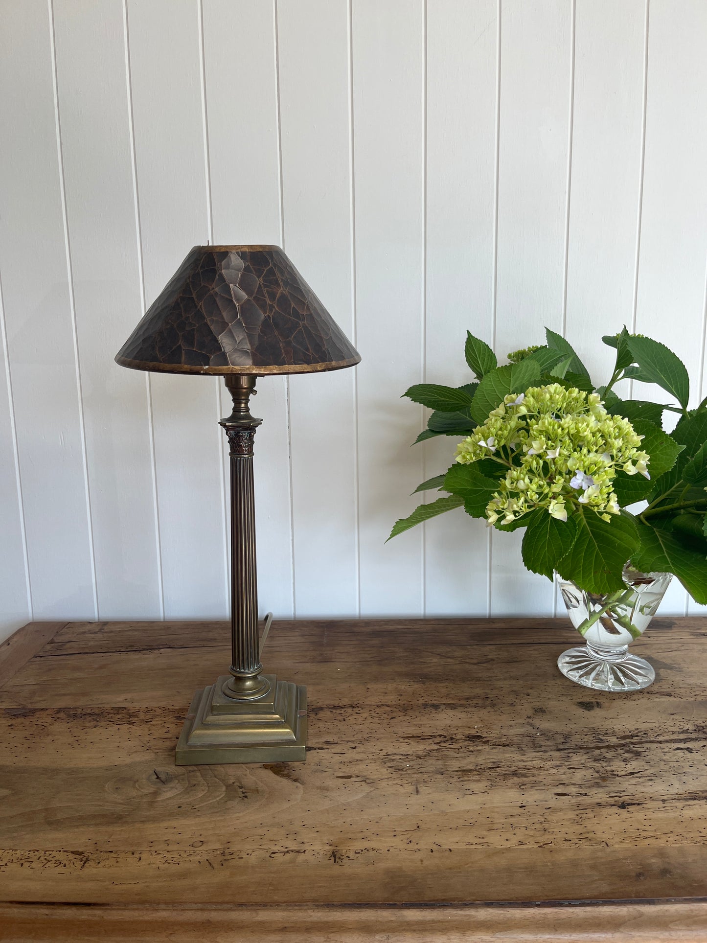 Antique Brass Column Lamp Base & Mock Croc Shade