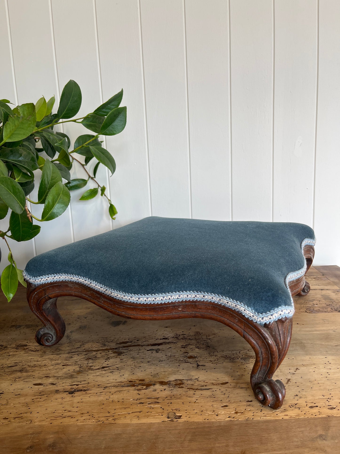 Victorian Upholstered  Navy Velvet Footstool