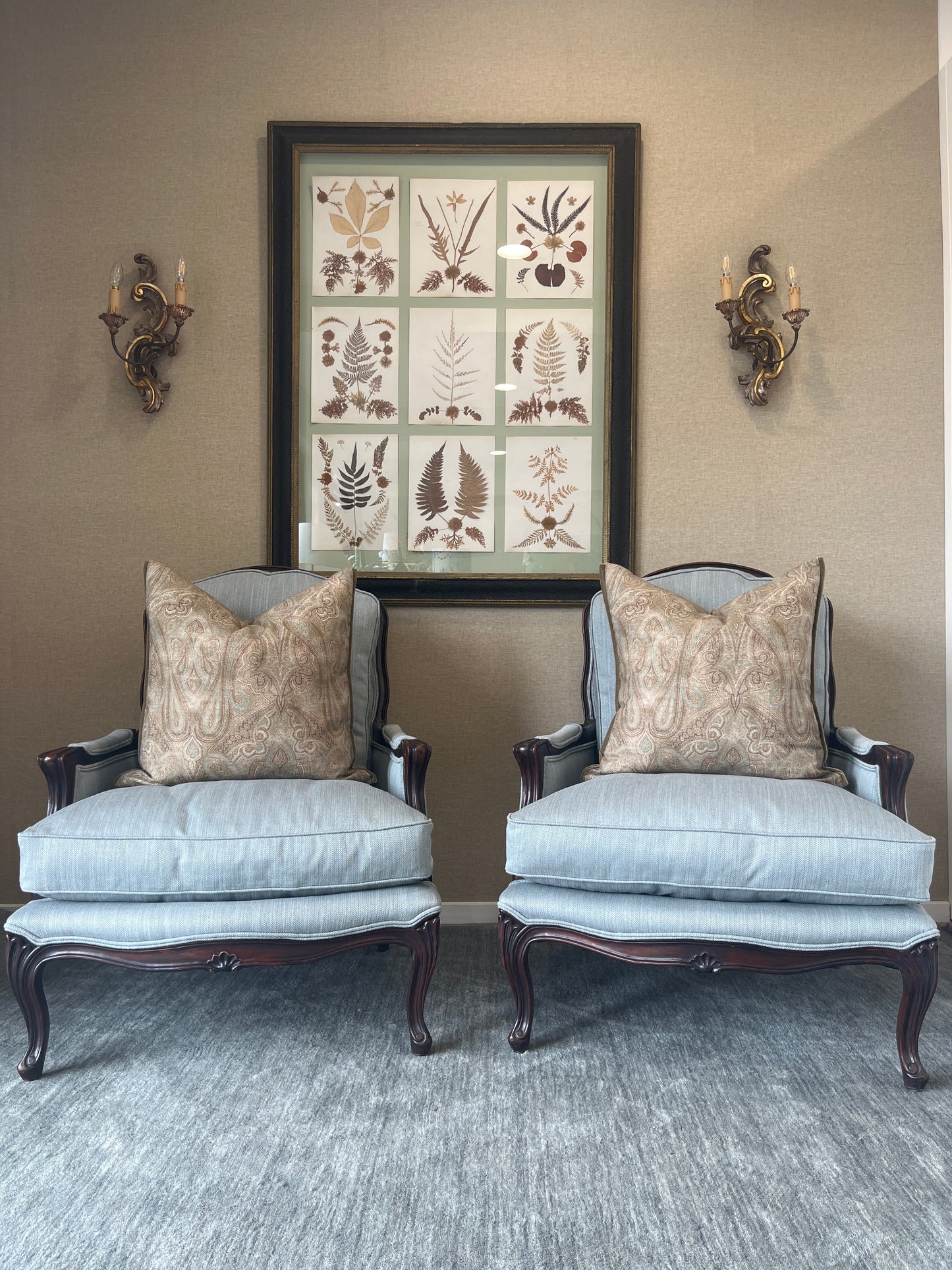 New Oak Framed & Herringbone Pair of Louis Chairs