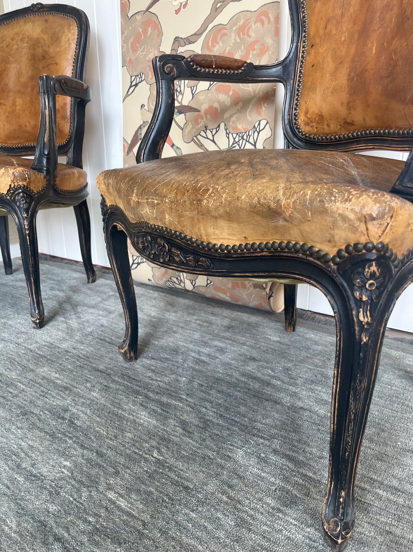 Pair Antique French Leather Louis Chairs