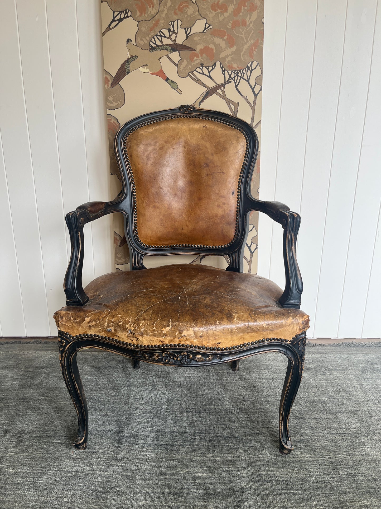 Pair Antique French Leather Louis Chairs