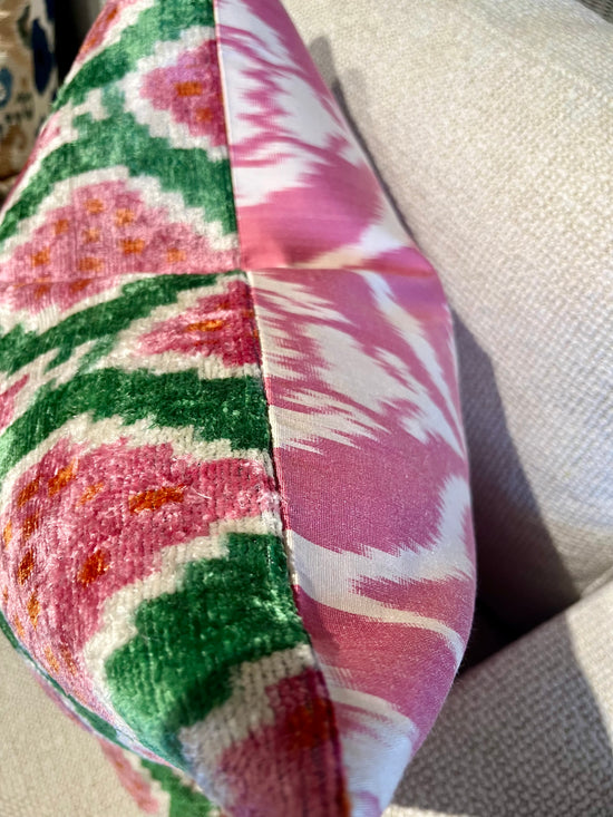 Pink & Green Velvet & Silk Ikat Cushion