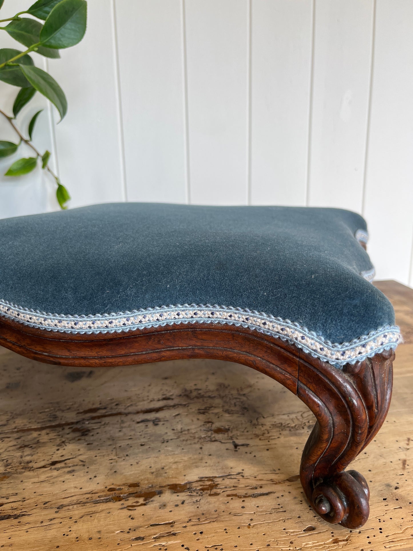 Victorian Upholstered  Navy Velvet Footstool