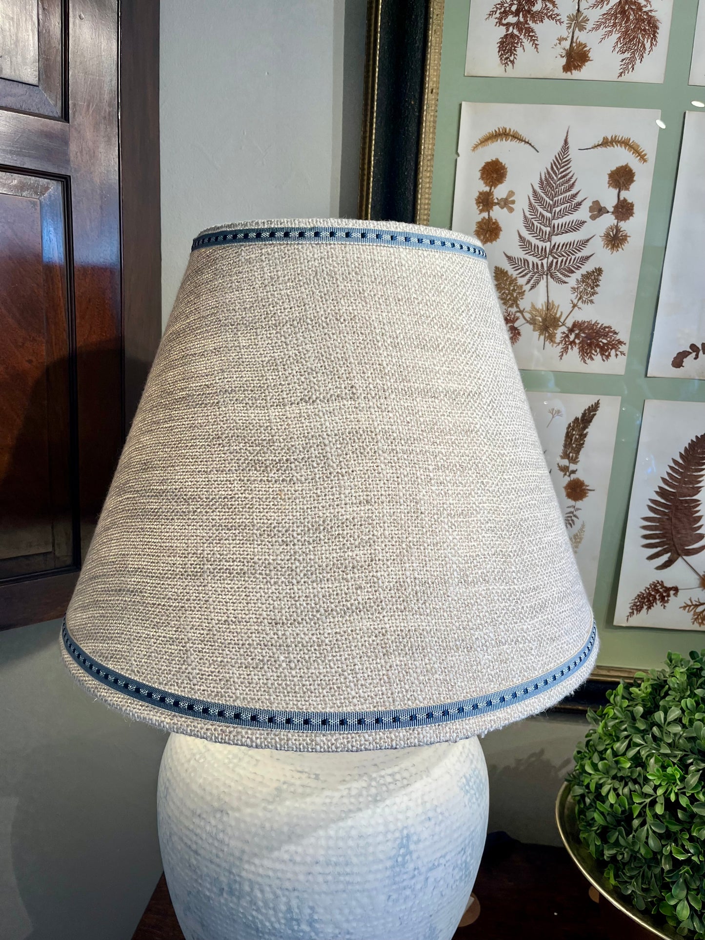 Large Texture Linen Shade conical shape with blue trim