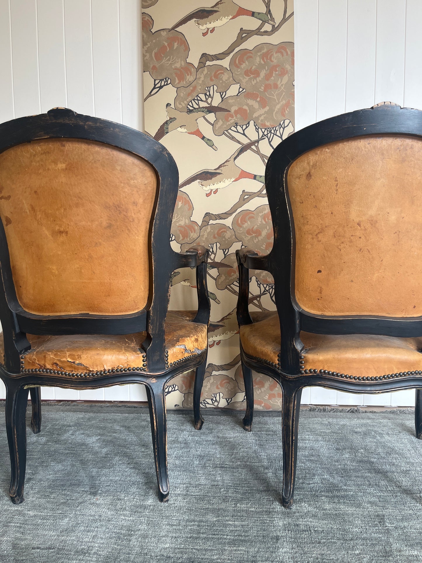 Pair Antique French Leather Louis Chairs