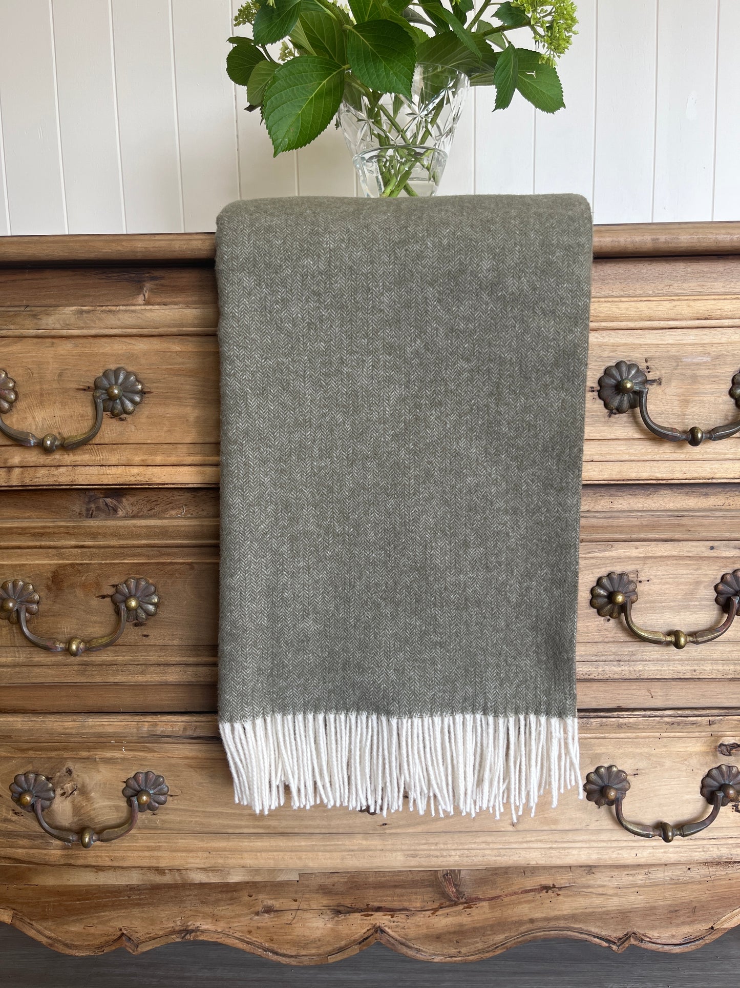 Olive Herringbone Merino Wool Throw