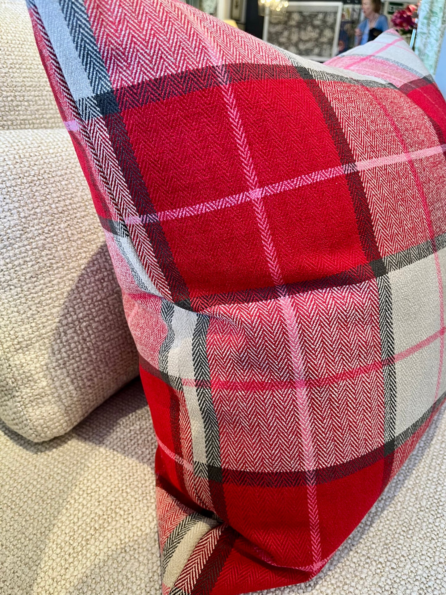 Romo Red & Beige Plaid Cushion