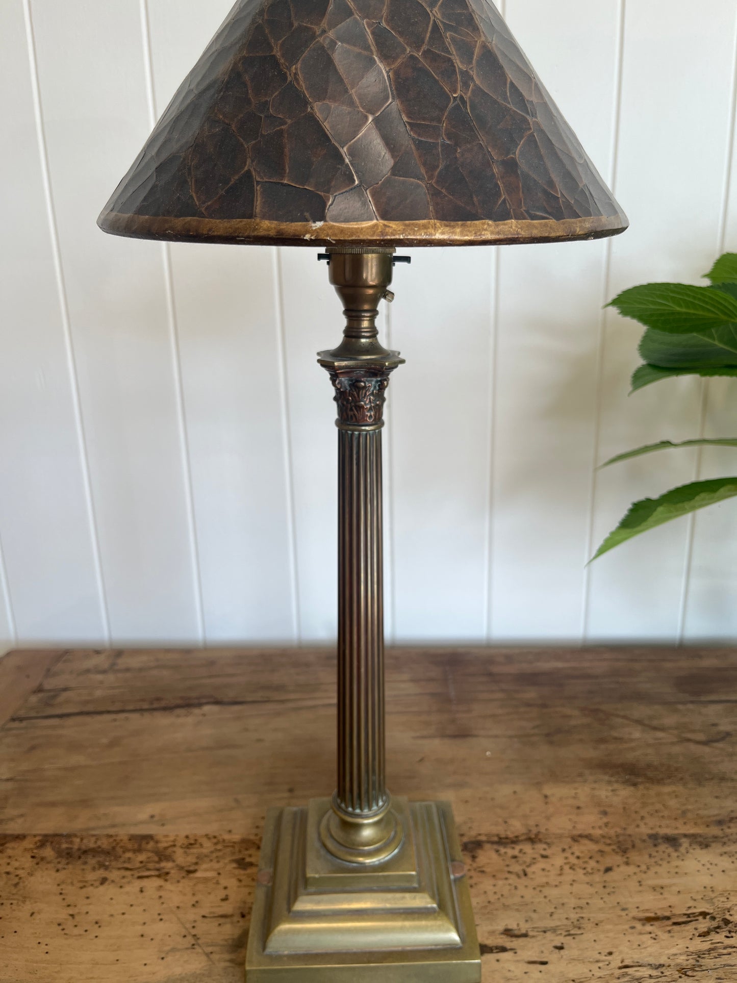 Antique Brass Column Lamp Base & Mock Croc Shade