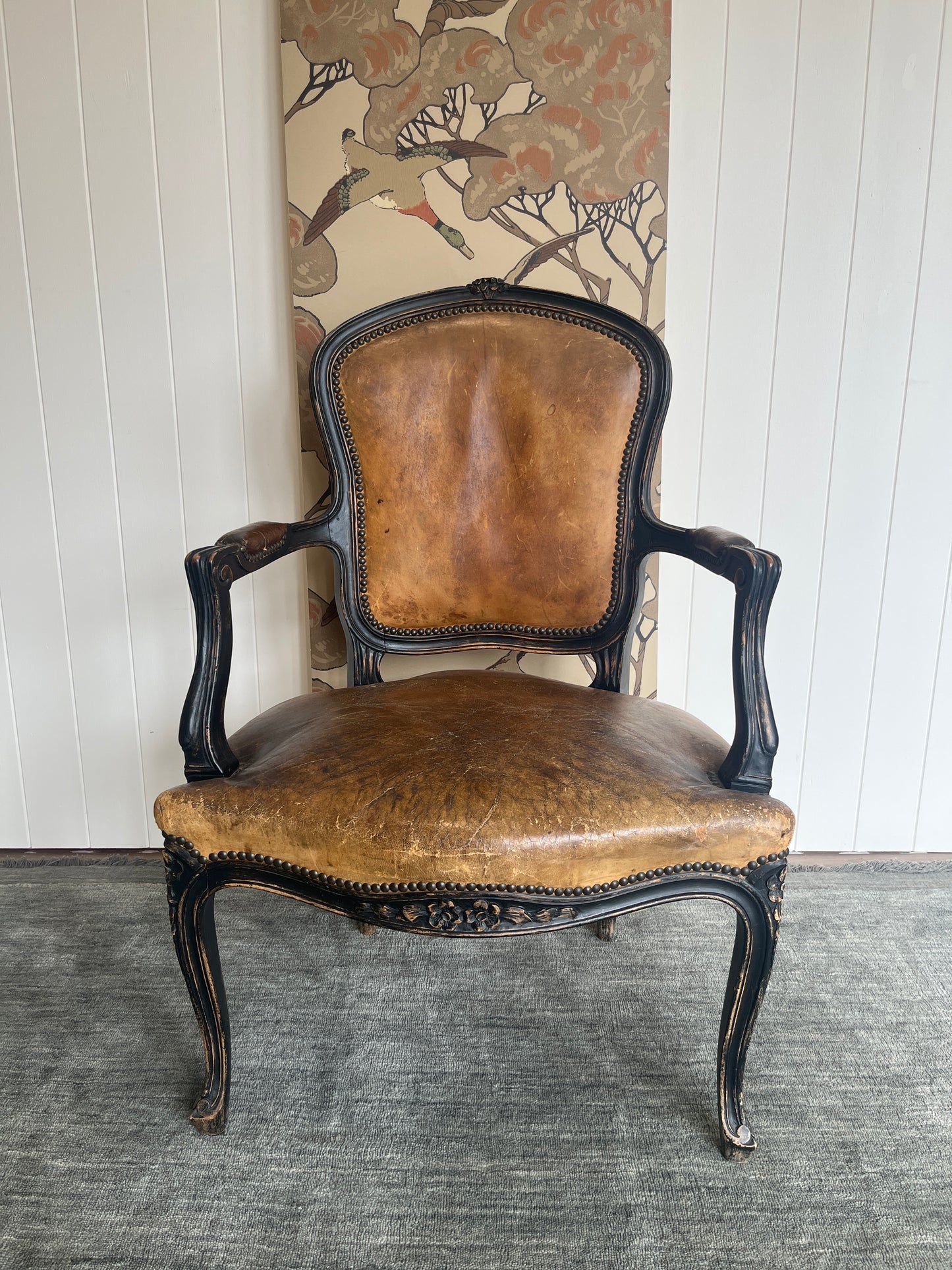 Pair Antique French Leather Louis Chairs