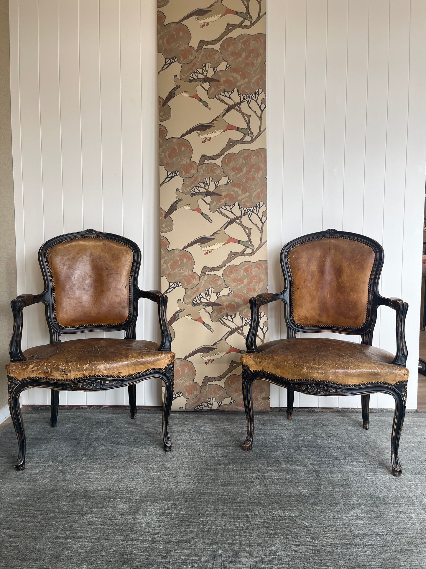 Pair Antique French Leather Louis Chairs