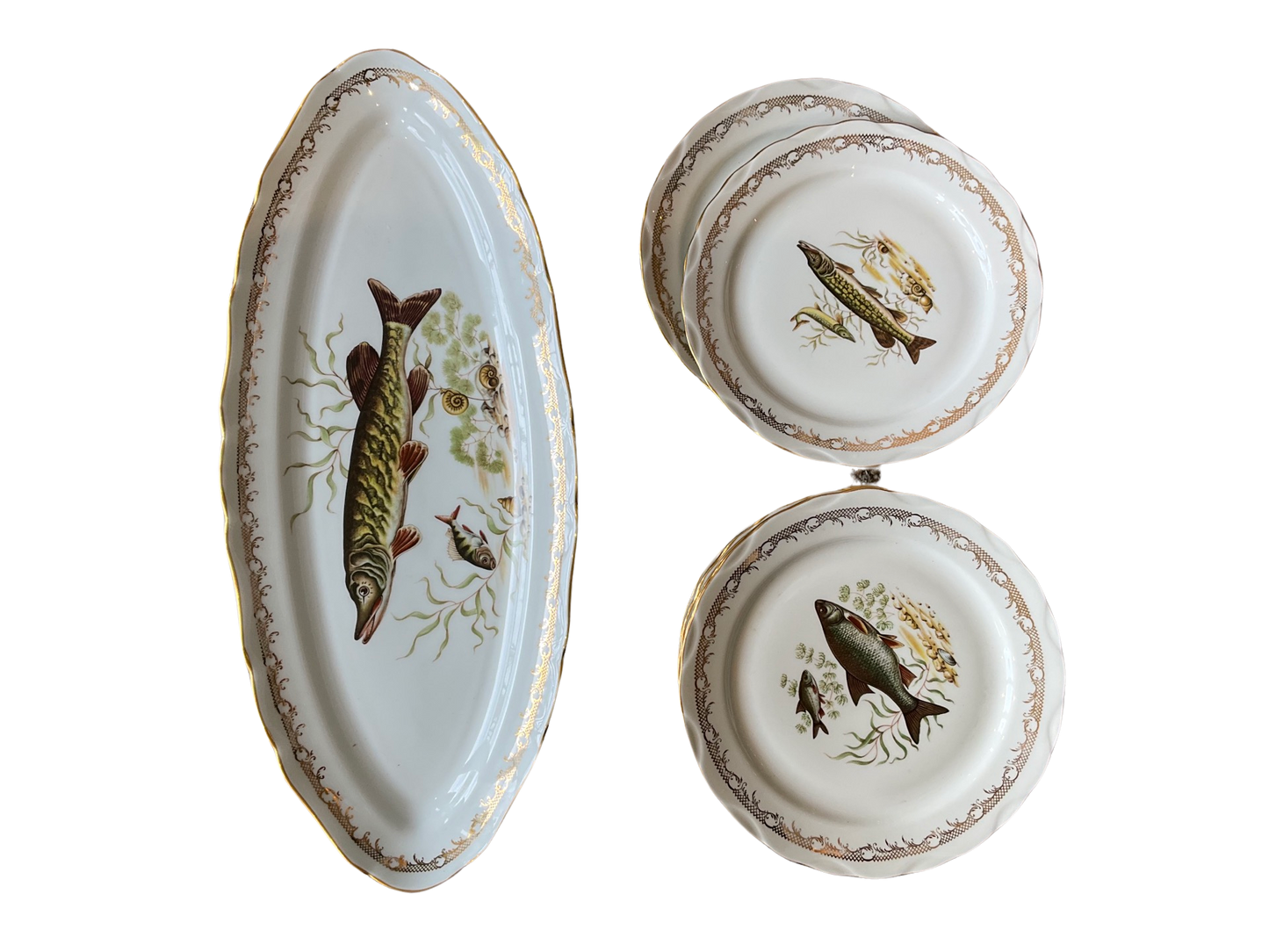 Mid 20th century French Fish Repas Plates and serving plater